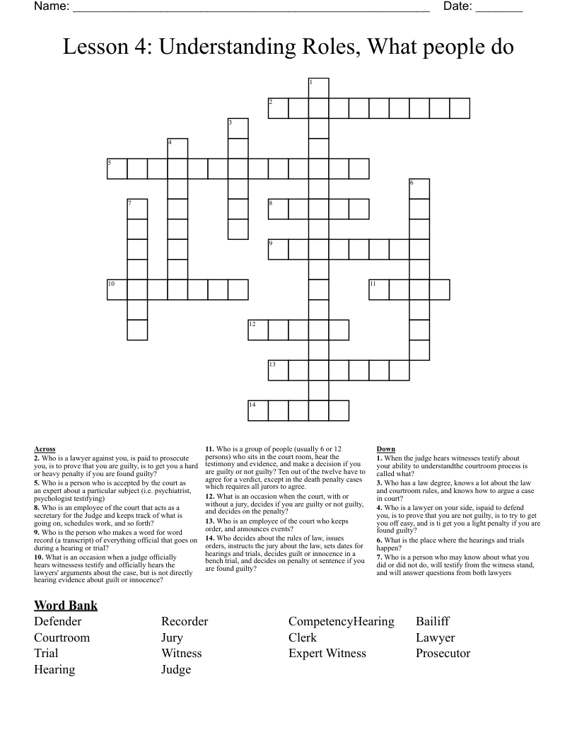 Lesson 4:  Understanding Roles, What people do Crossword