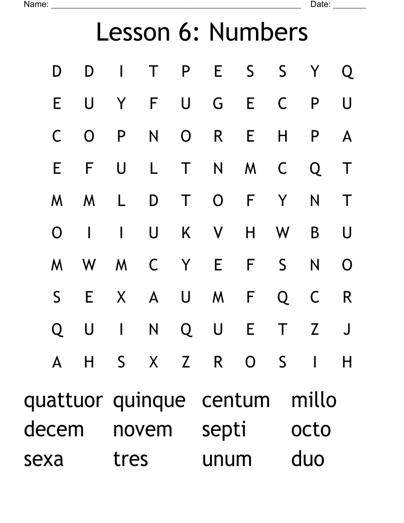 Lesson 6: Numbers Word Search