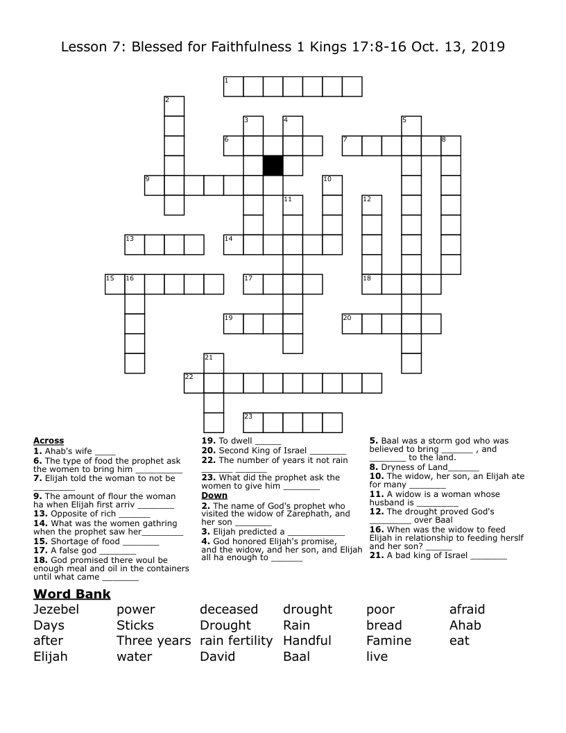 Lesson 7: Blessed for Faithfulness 1 Kings 17:8-16 Oct. 13, 2019  Crossword