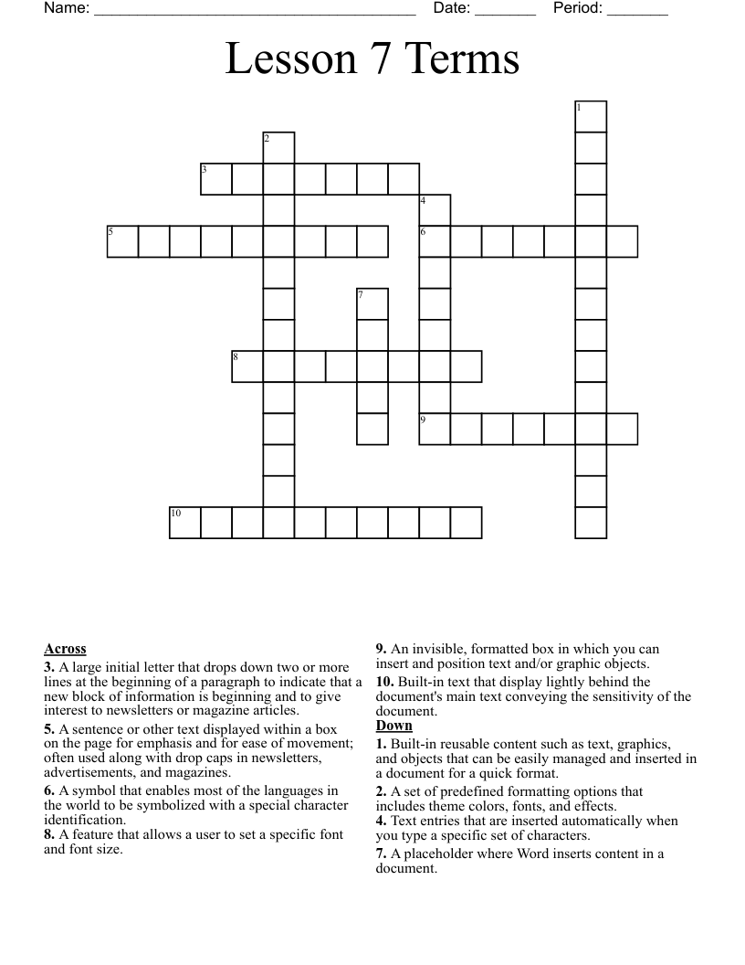 Lesson 7 Terms Crossword