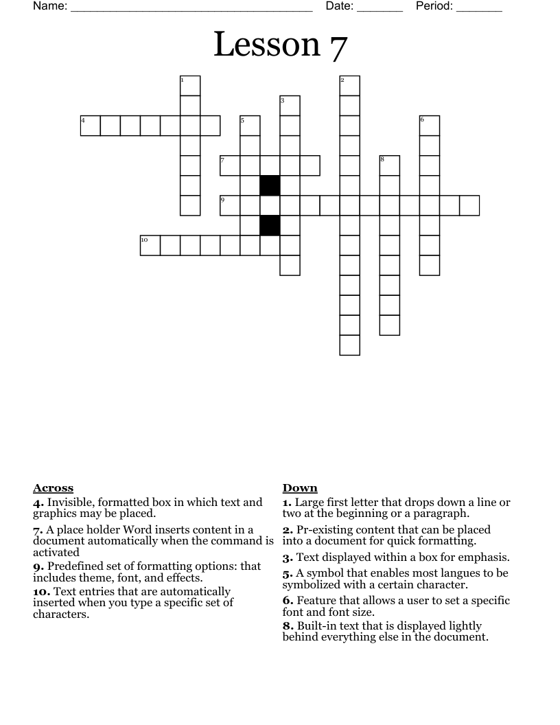 Lesson 7  Crossword