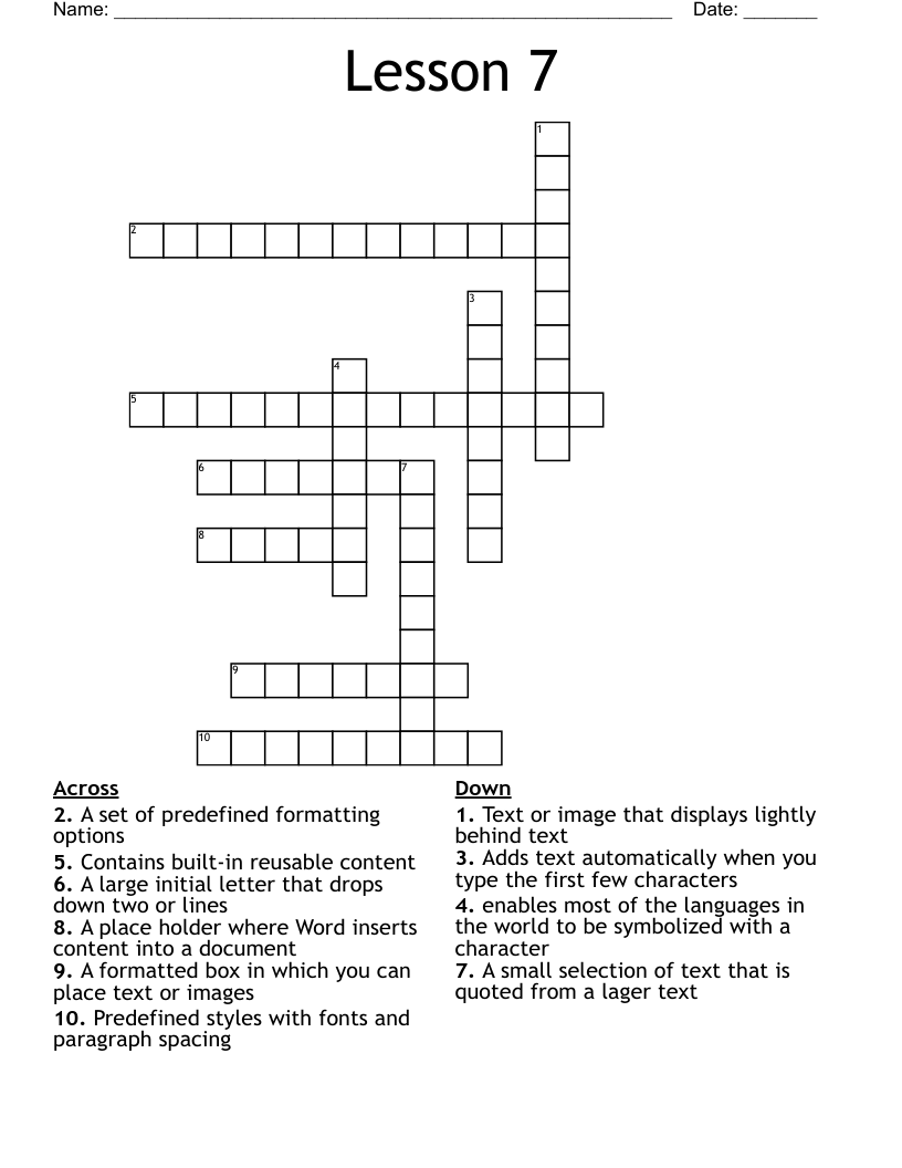Lesson 7  Crossword