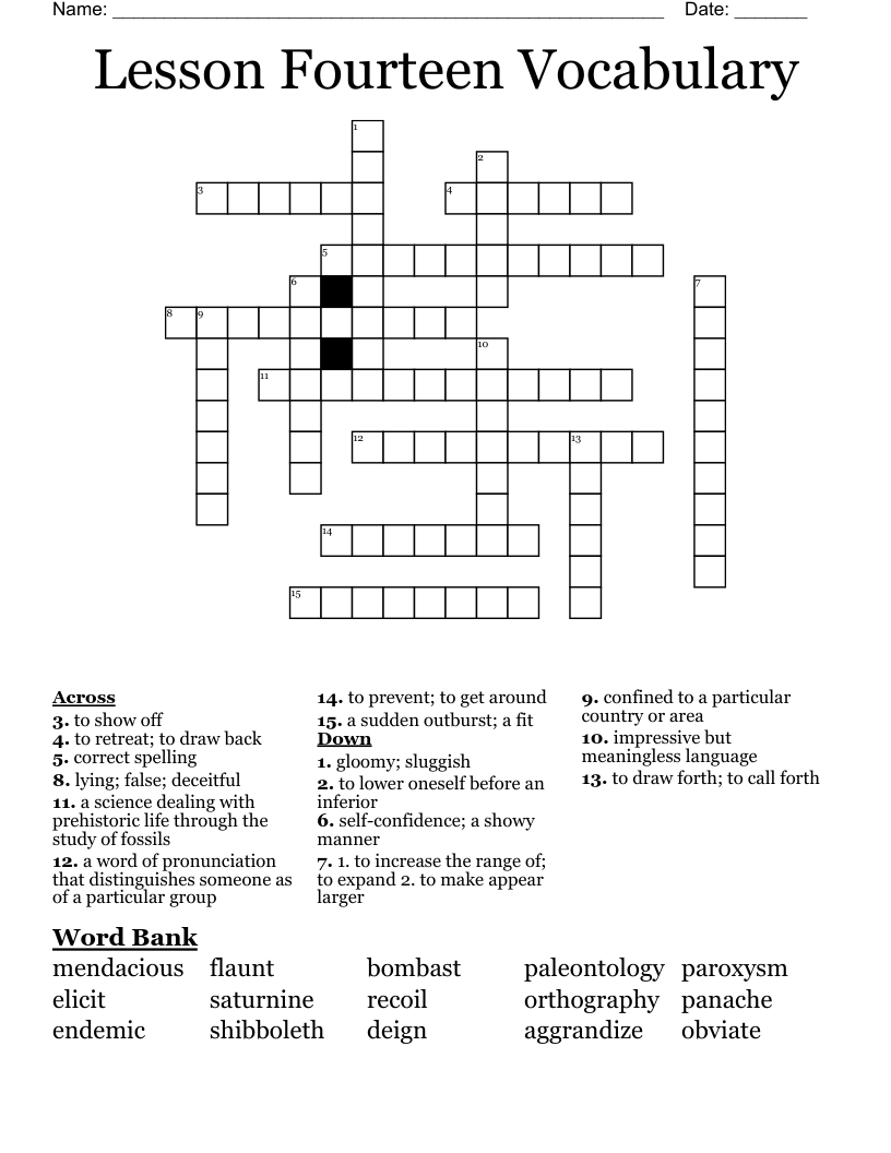 Lesson Fourteen Vocabulary Crossword