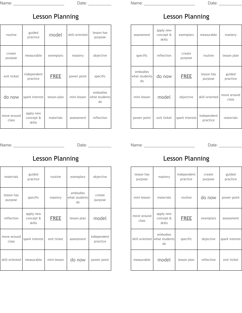 Lesson Planning Bingo Cards