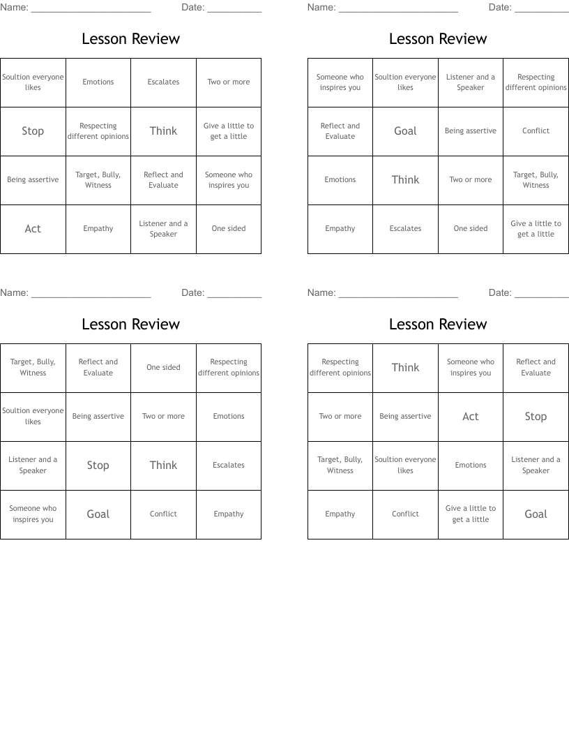 Lesson Review Bingo Cards