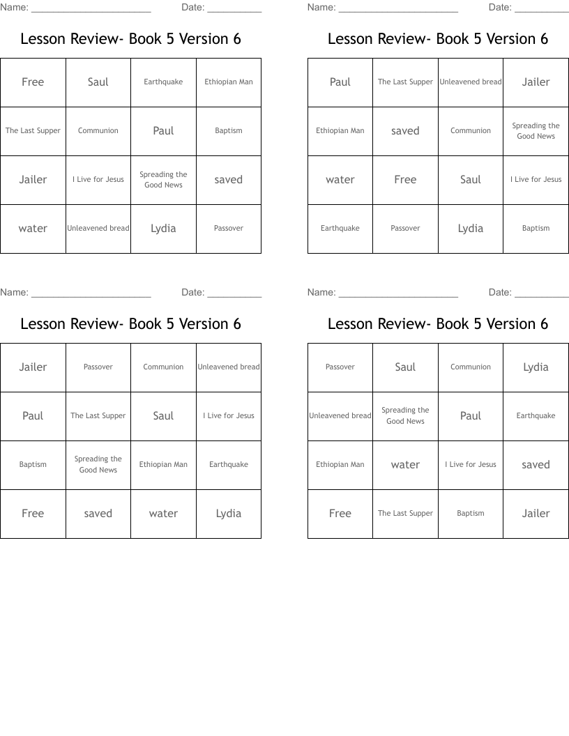 Lesson Review- Book 5 Version 6 Bingo Cards