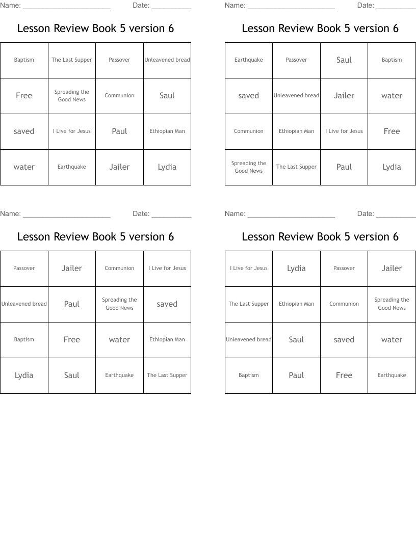 Lesson Review Book 5 version 6 Bingo Cards