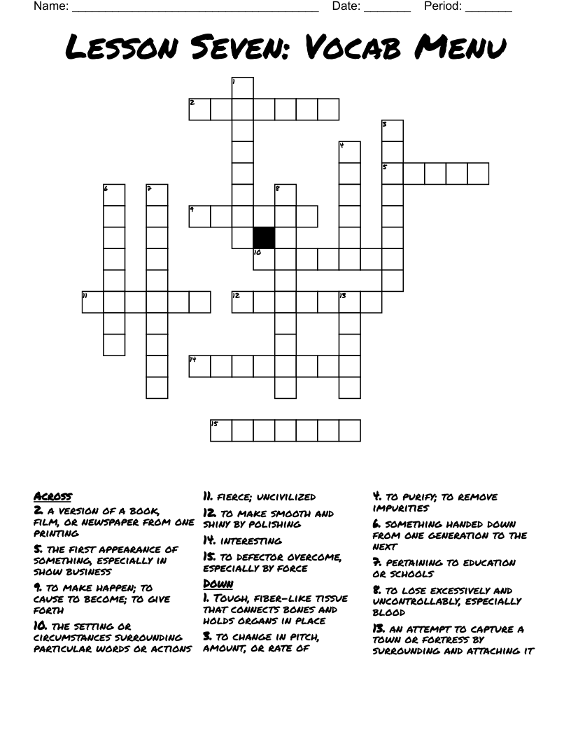 Lesson Seven: Vocab Menu  Crossword