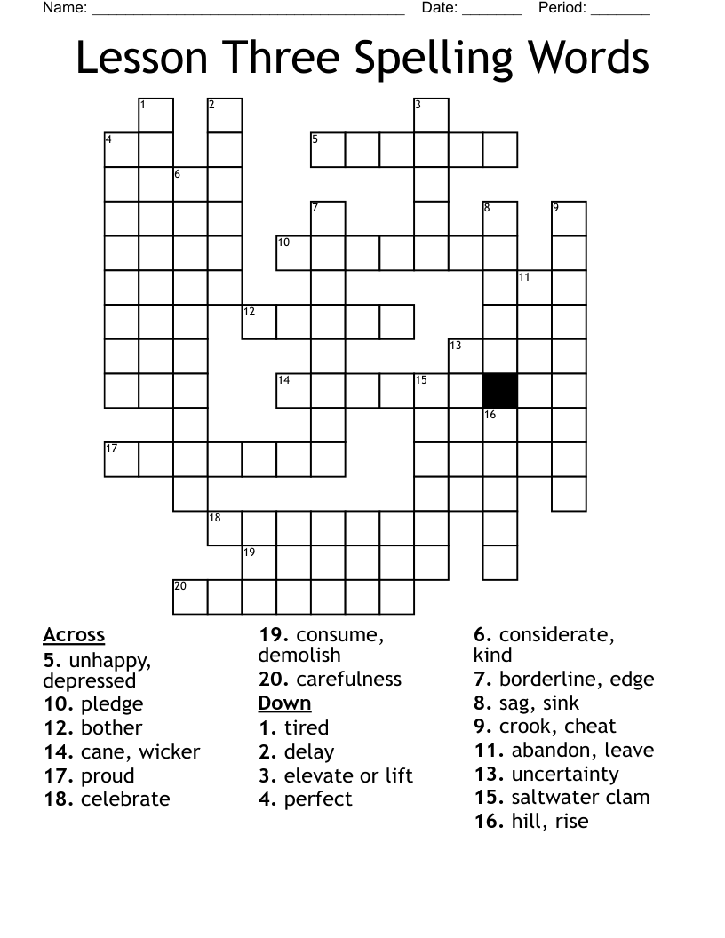 Lesson Three Spelling Words Crossword