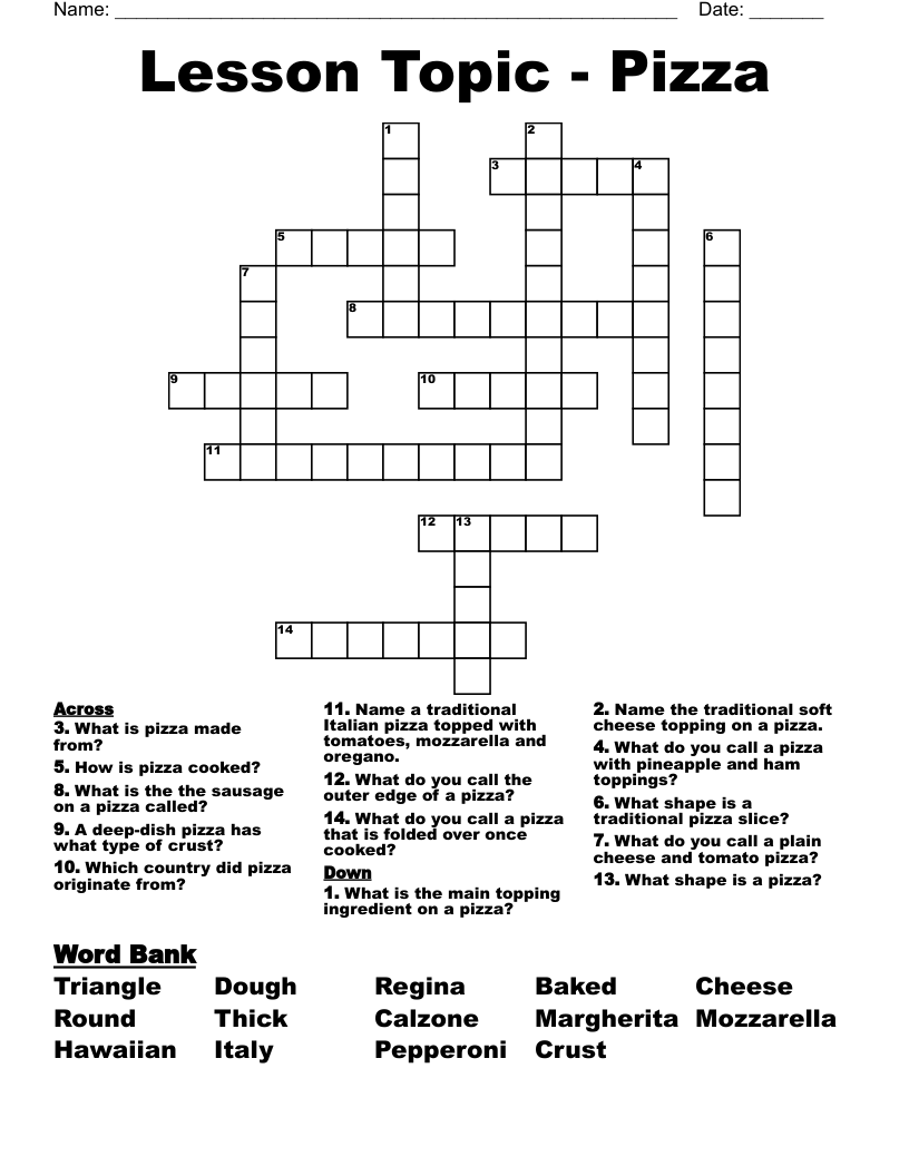 Lesson Topic - Pizza Crossword