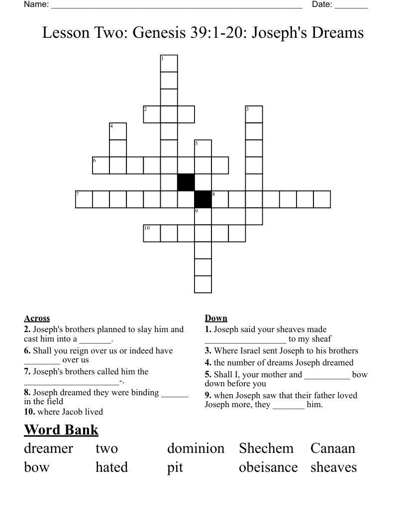 Lesson Two: Genesis 39:1-20: Joseph's Dreams Crossword