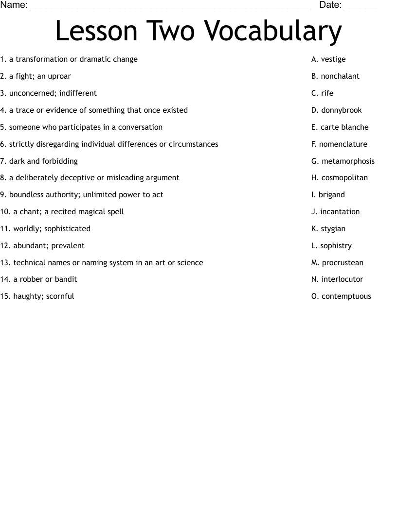 Lesson Two Vocabulary Worksheet
