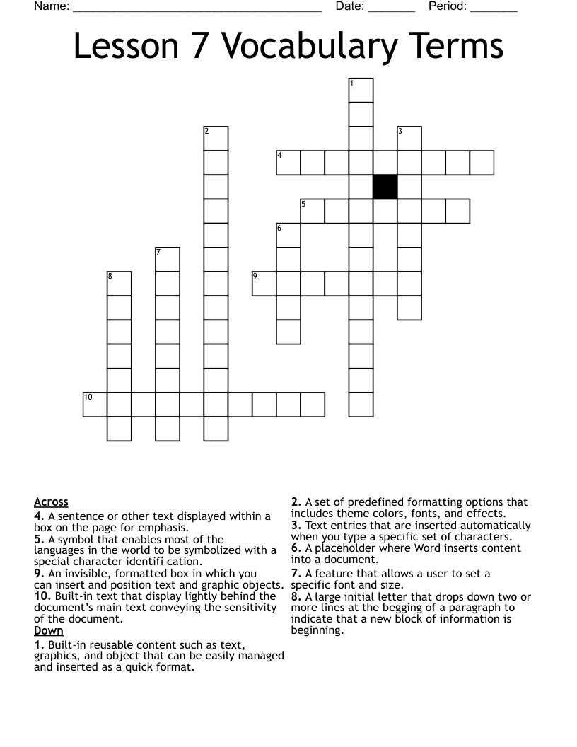 Lesson  7 Vocabulary Terms Crossword