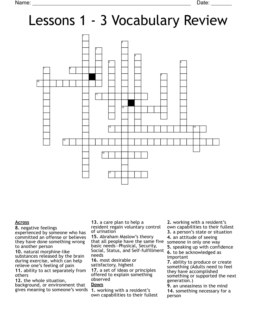 Lessons 1 - 3 Vocabulary Review  Crossword