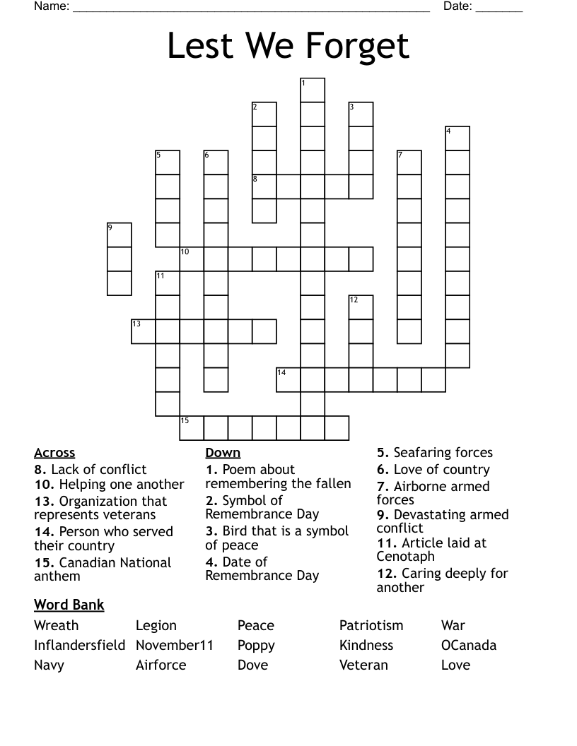 Lest We Forget Crossword