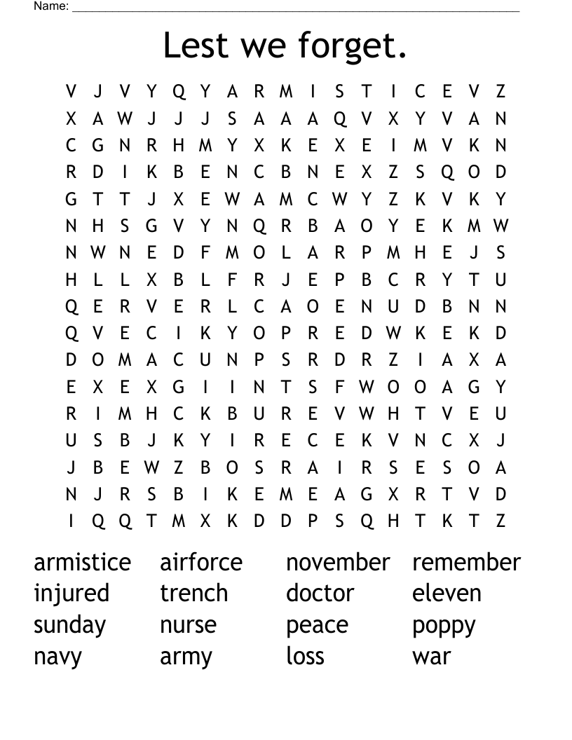 Lest we forget. Word Search