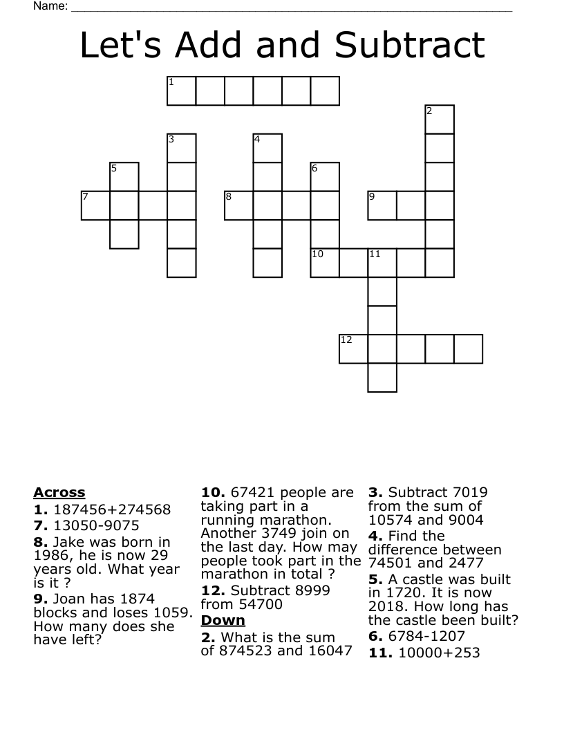 Let's Add and Subtract Crossword