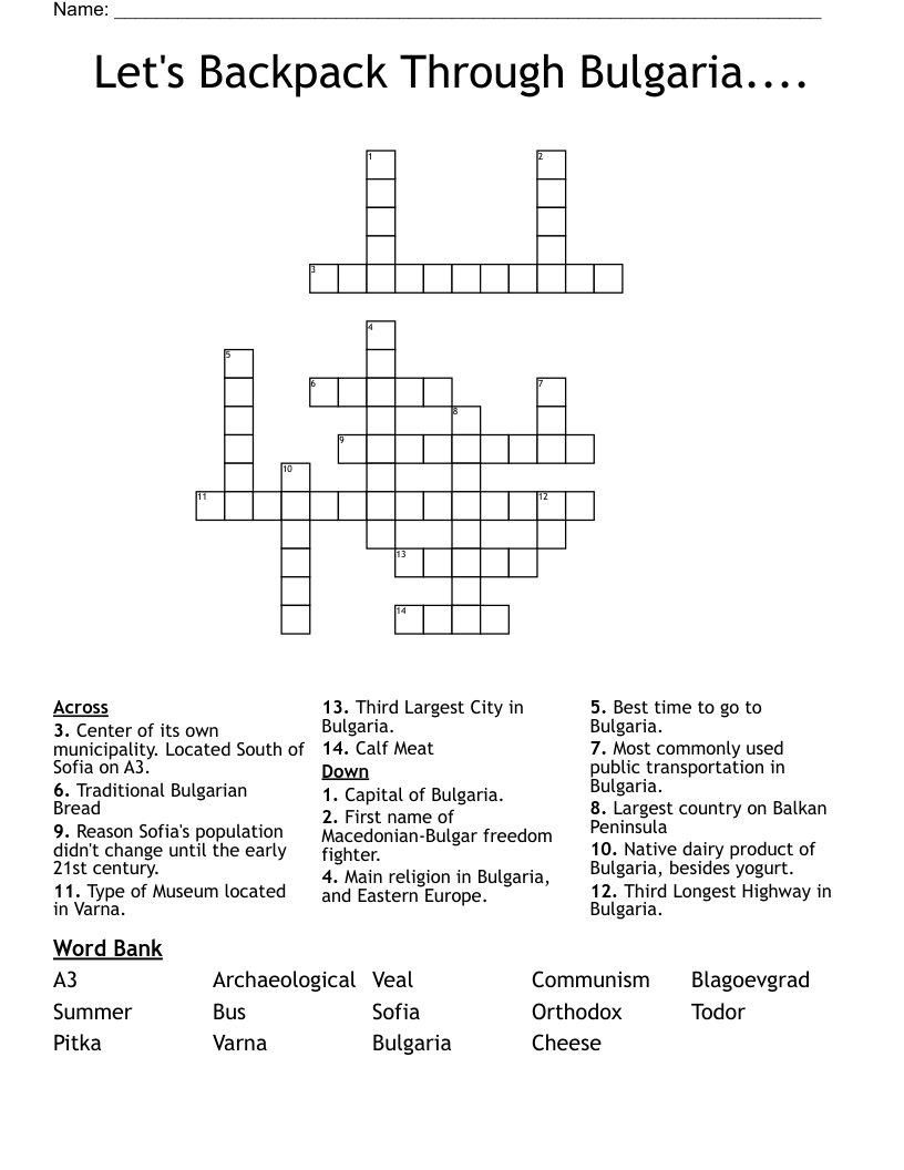 Let's Backpack Through Bulgaria.... Crossword
