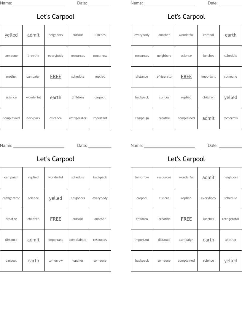 Let's Carpool Bingo Cards