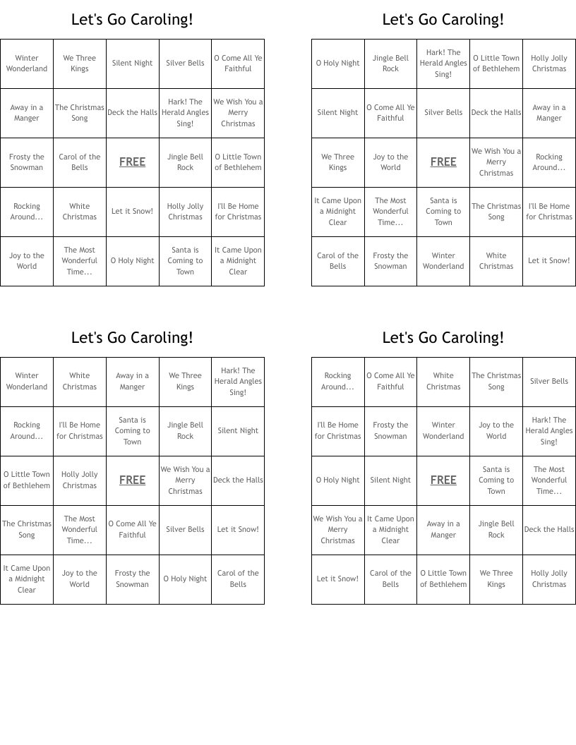 Let's Go Caroling! Bingo Cards