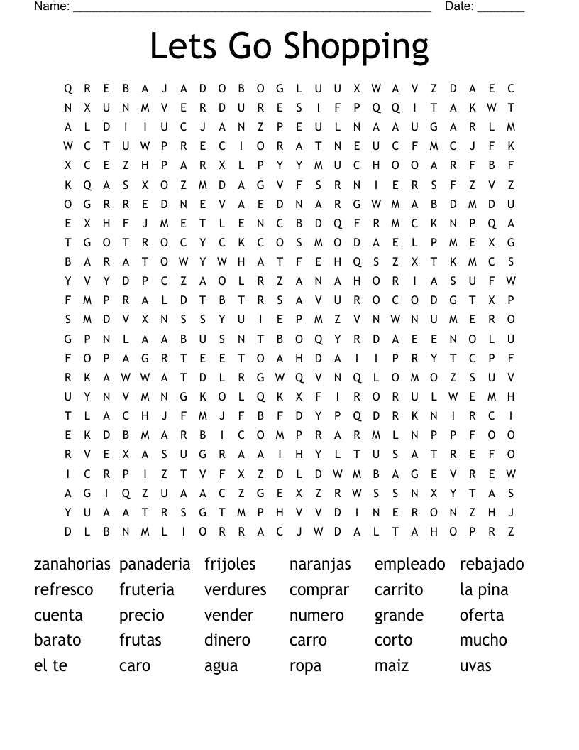 Lets Go Shopping Word Search