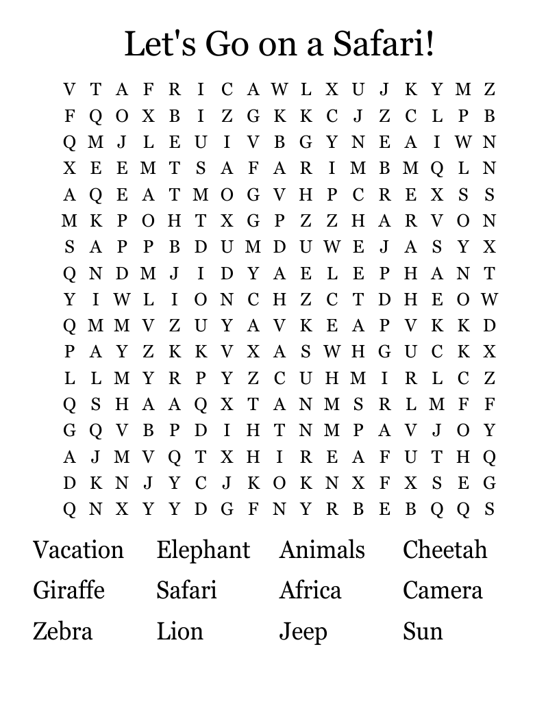 Let's Go on a Safari! Word Search