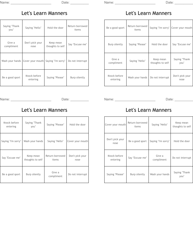 Let's Learn Manners Bingo Cards
