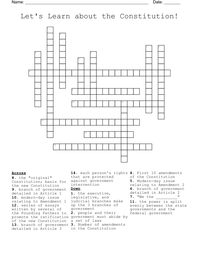 Let's Learn about the Constitution! Crossword