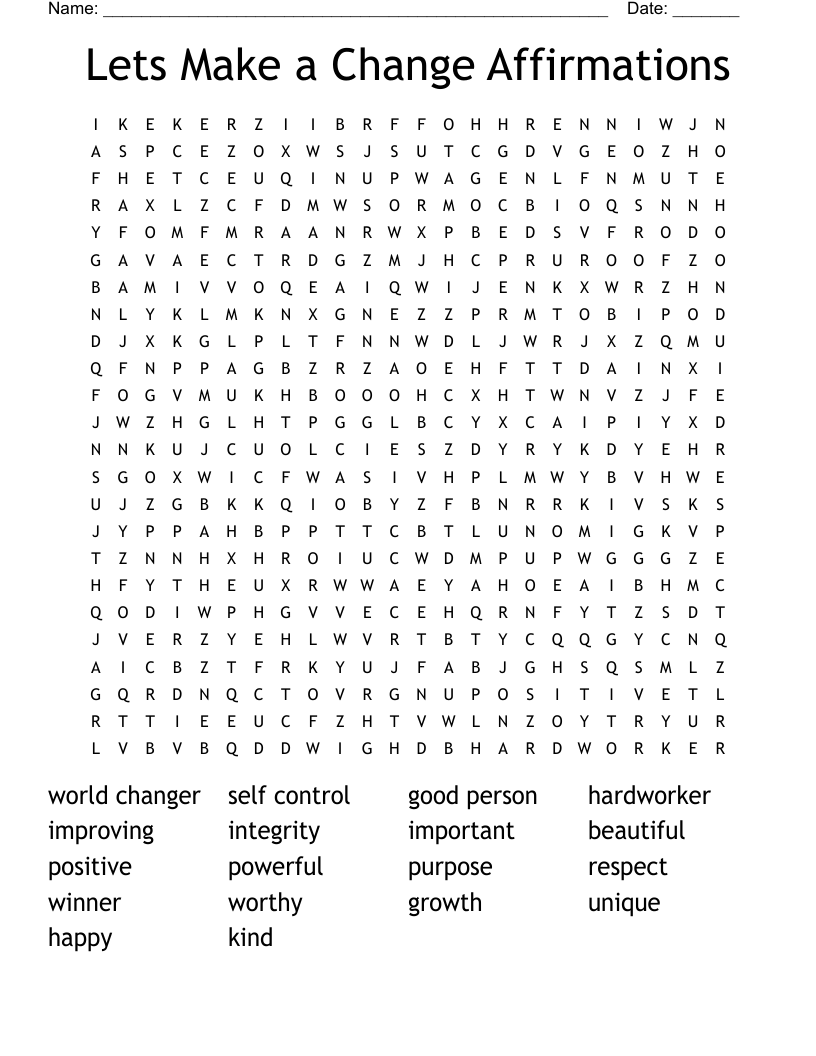 Lets Make a Change Affirmations Word Search