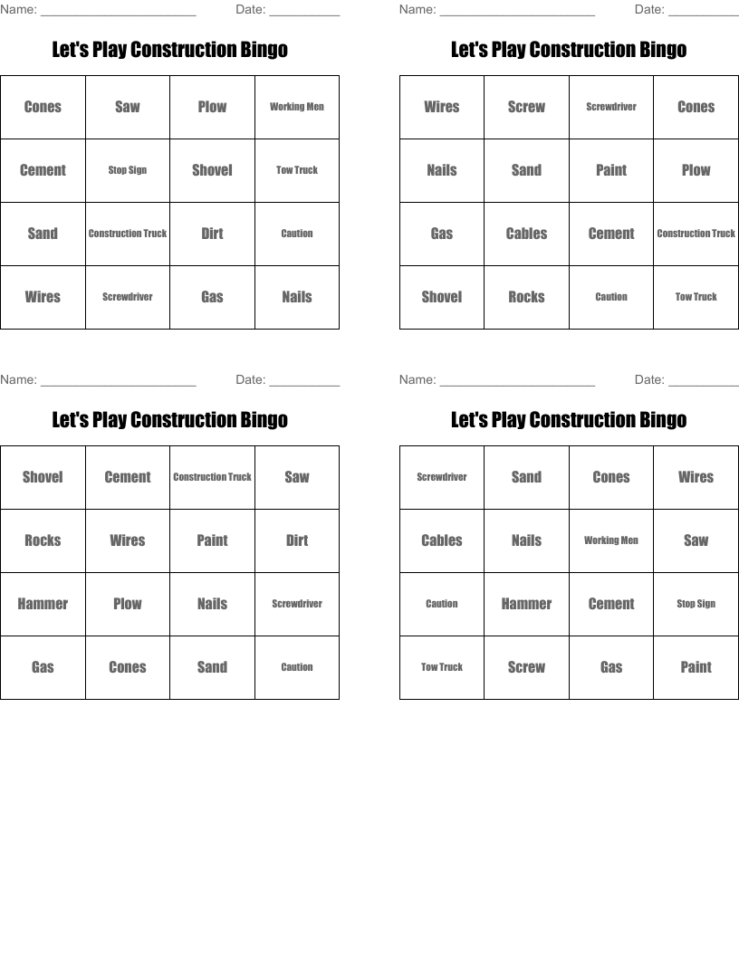 Let's Play Construction Bingo