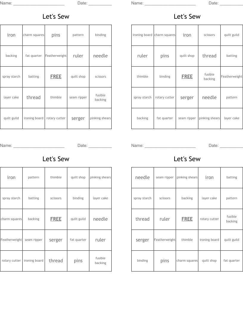 Let's Sew Bingo Cards