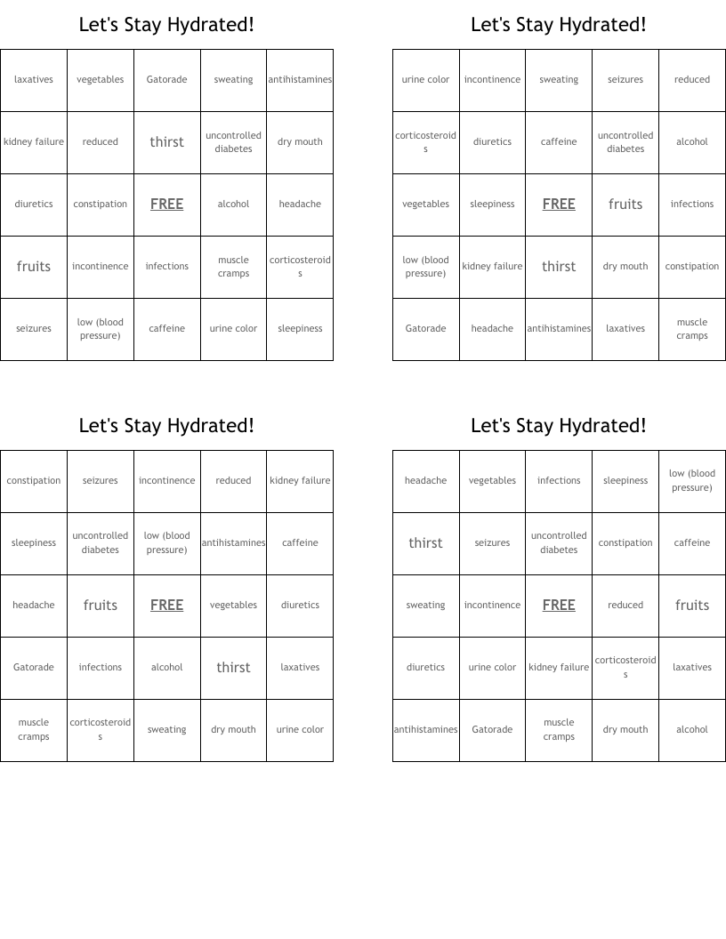 Let's Stay Hydrated! Bingo Cards