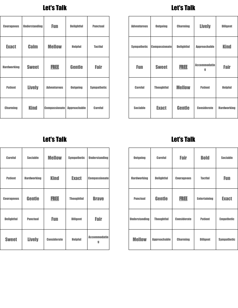 Let's Talk Bingo Cards