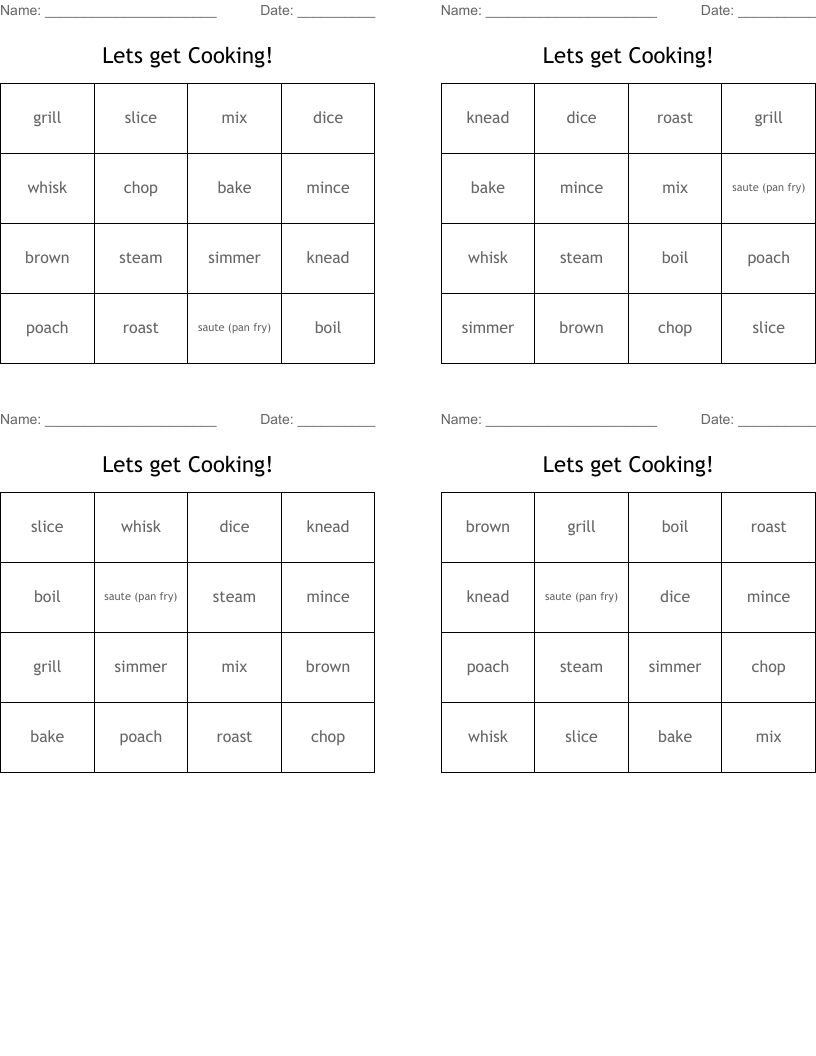 Lets get Cooking! Bingo Cards