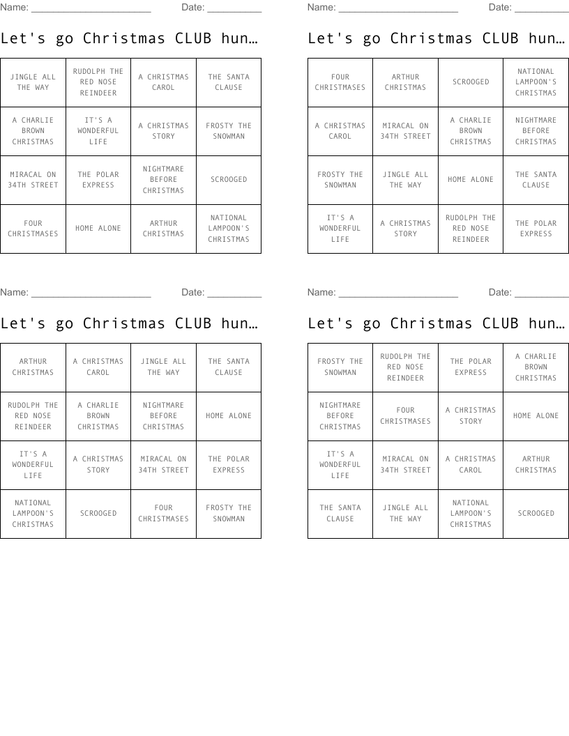 Let's go Christmas CLUB hunting Bingo Cards