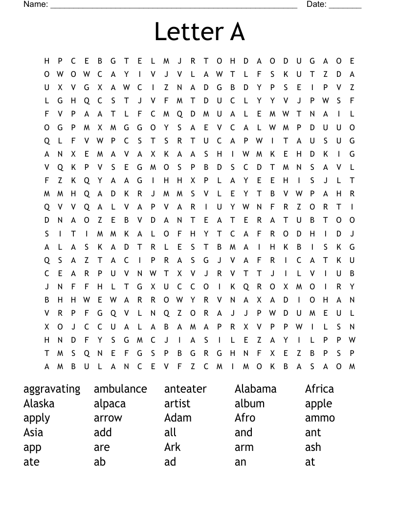 Letter A Word Search