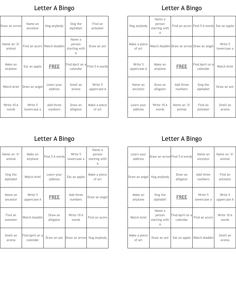 Letter A Bingo