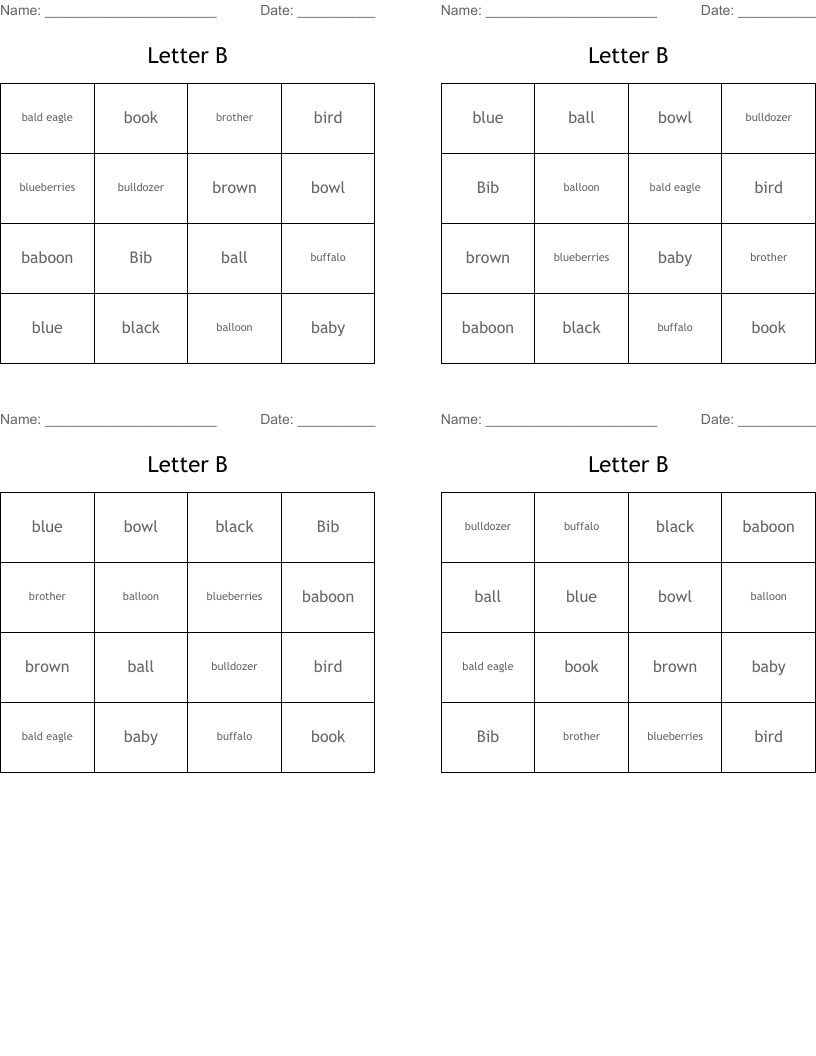 Letter B Bingo Cards