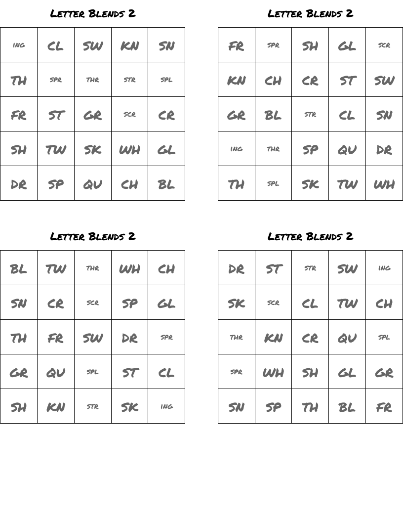 Letter Blends 2 Bingo Cards