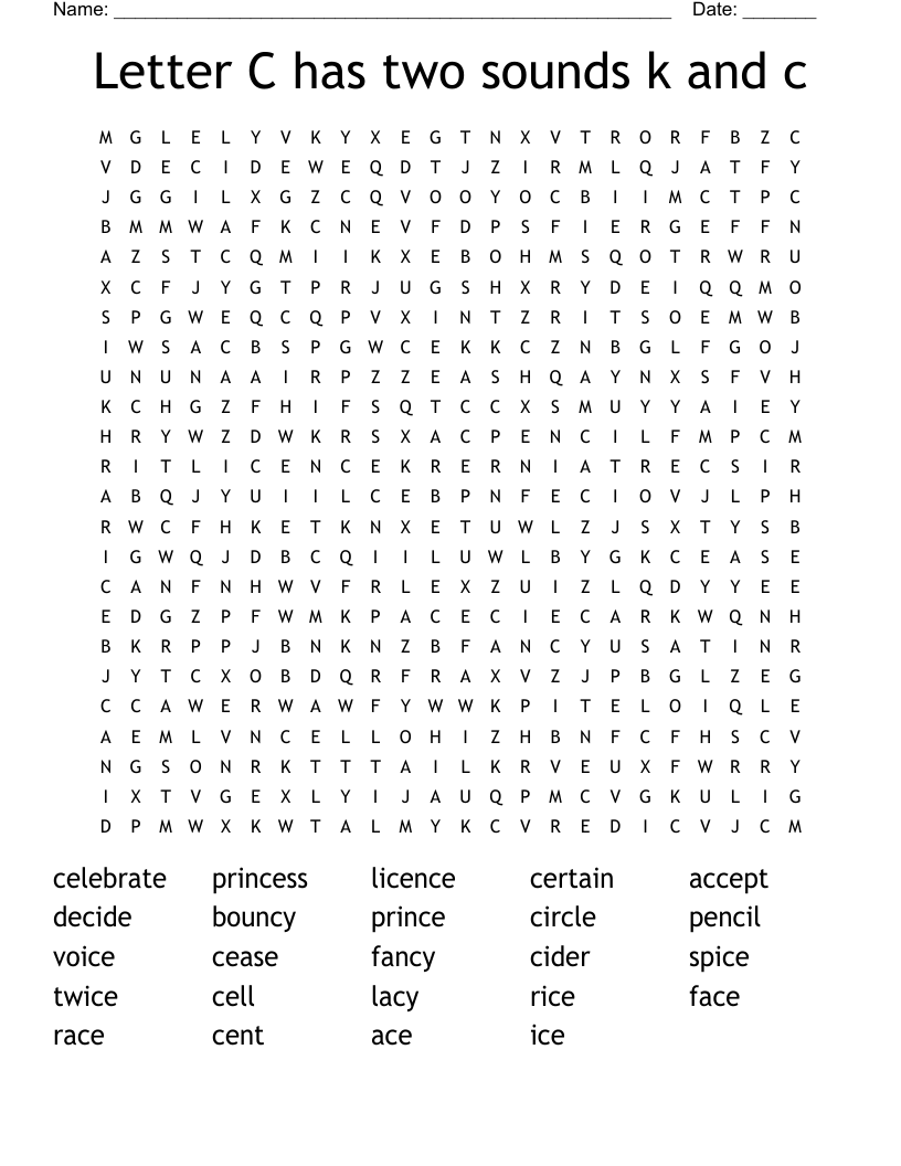 Letter C has two sounds k and c Word Search