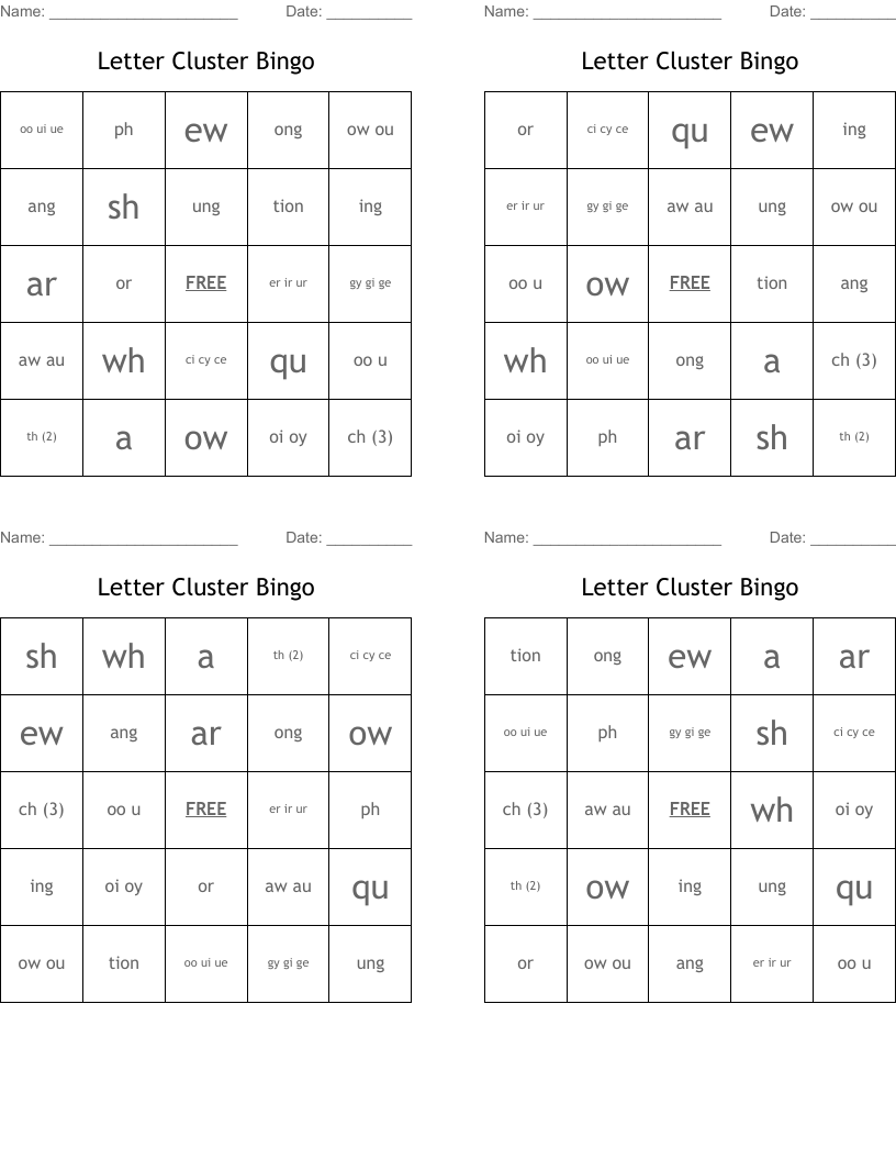 Letter Cluster  Bingo