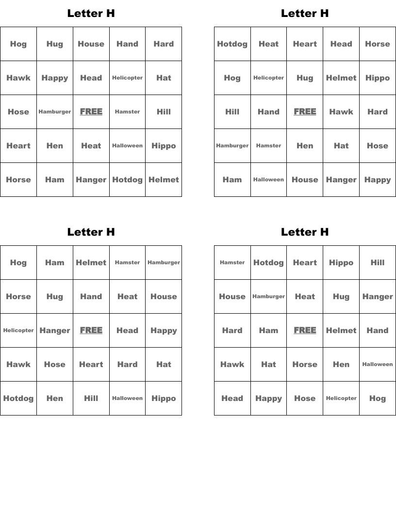 Letter H Bingo Cards