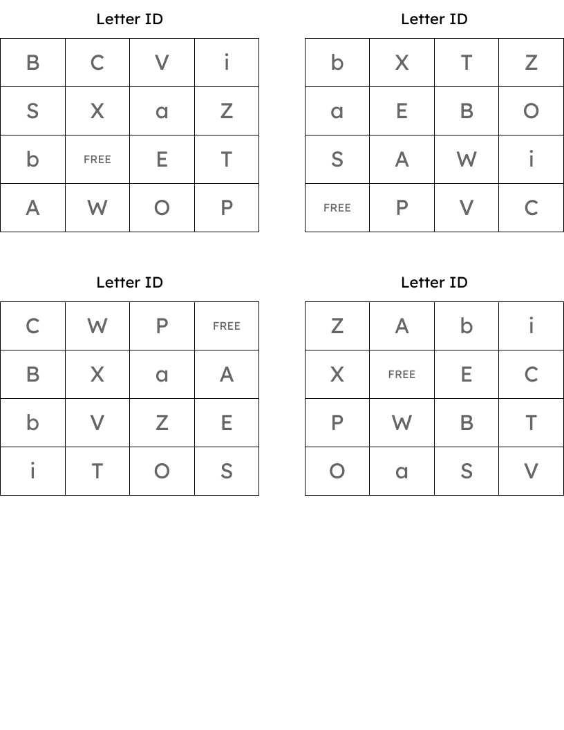 Letter ID  Bingo Cards