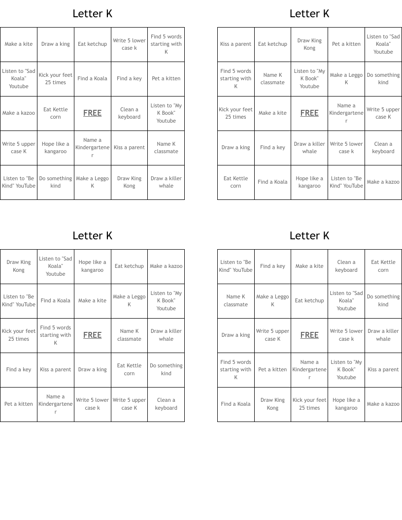 Letter K Bingo Cards