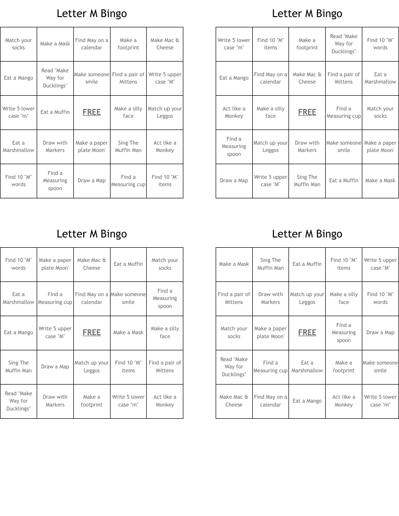 Letter M Bingo