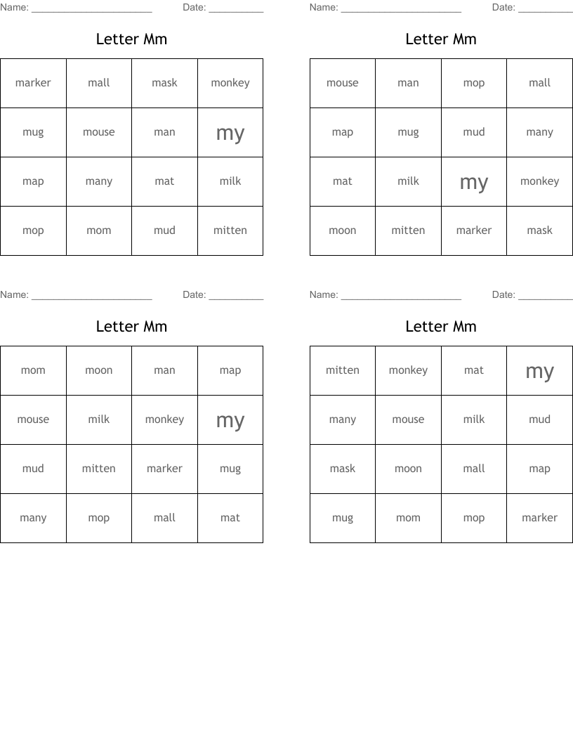 Letter Mm Bingo Cards
