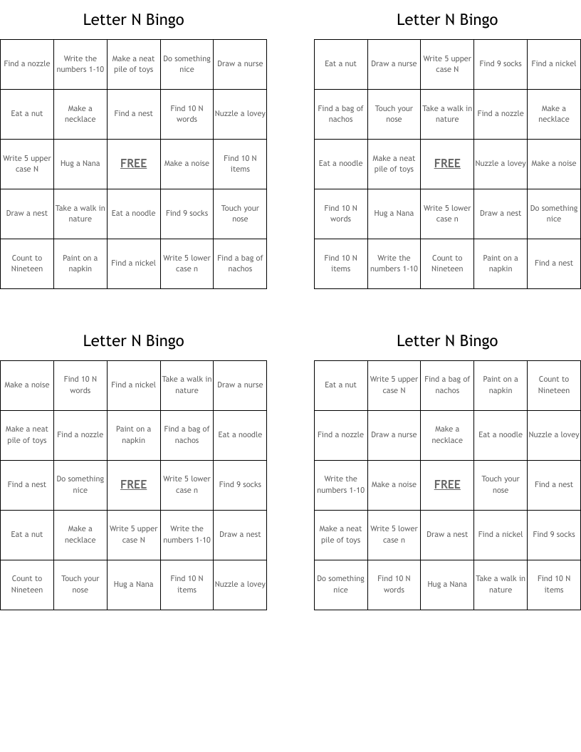 Letter N Bingo