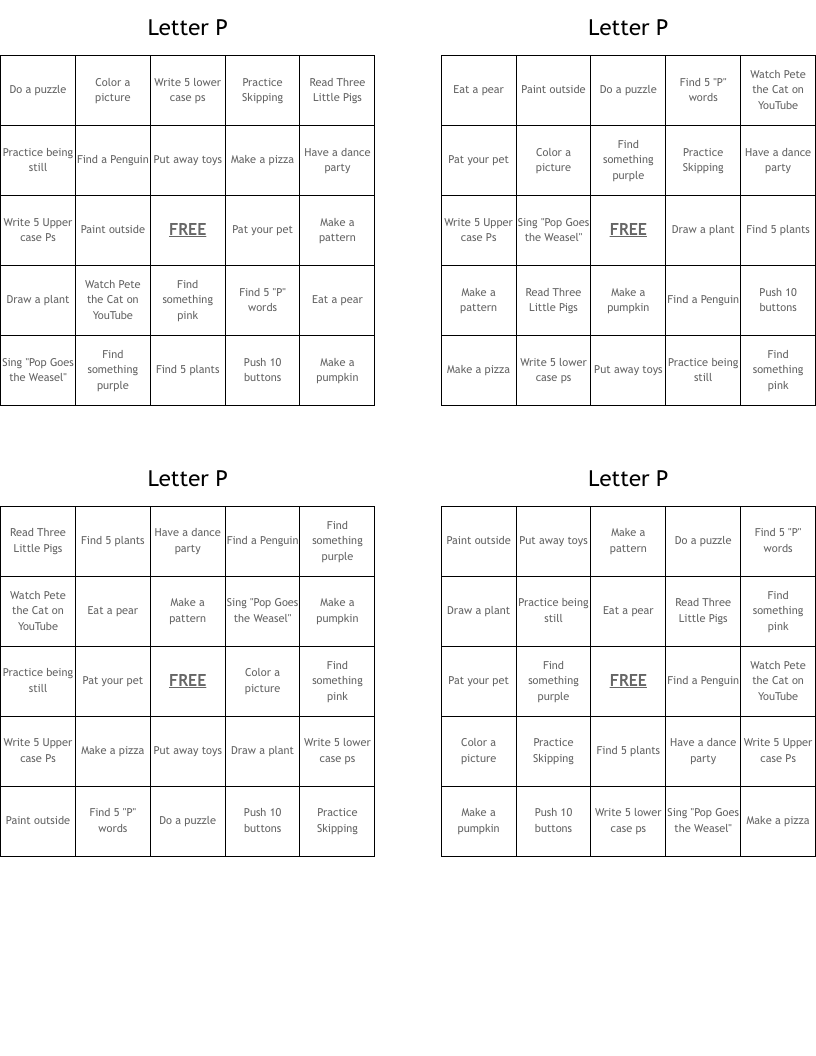 Letter P Bingo Cards