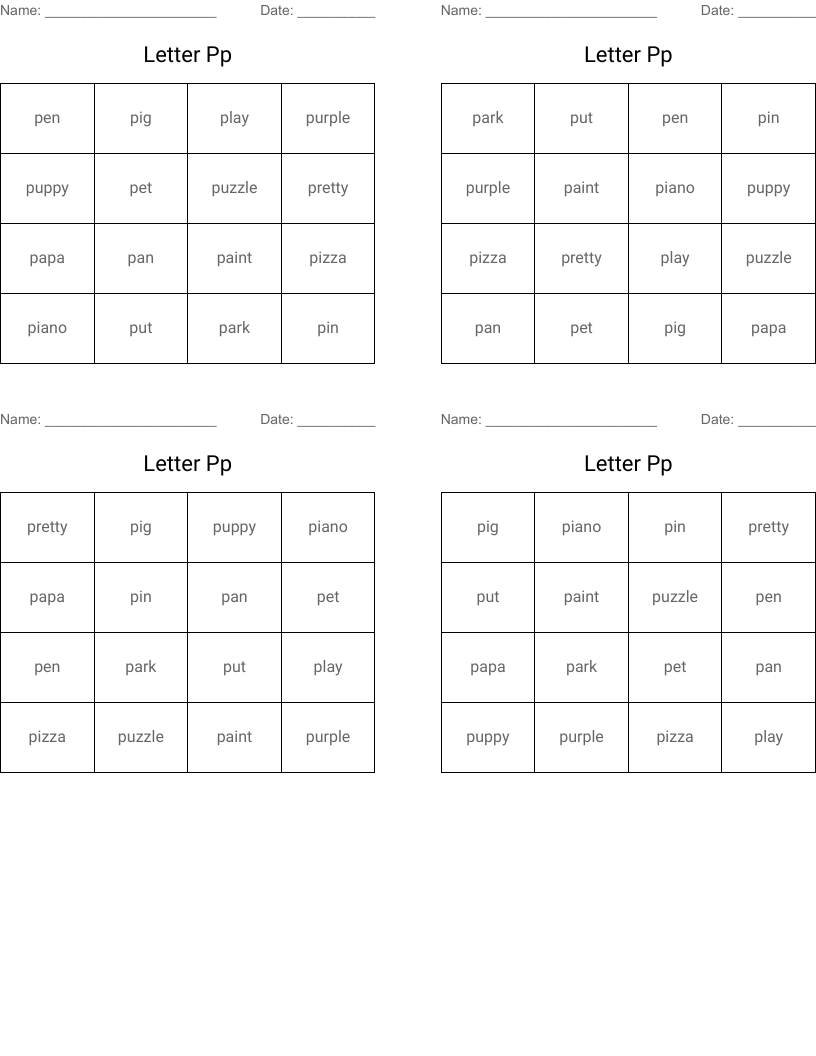 Letter Pp Bingo Cards