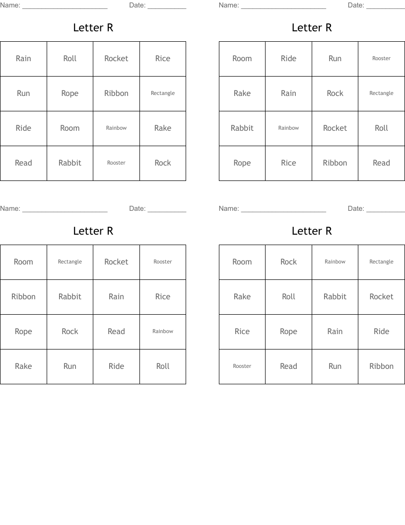 Letter R Bingo Cards